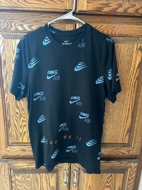 Nike Black Tee with Light Blue Air Logos Men Medium